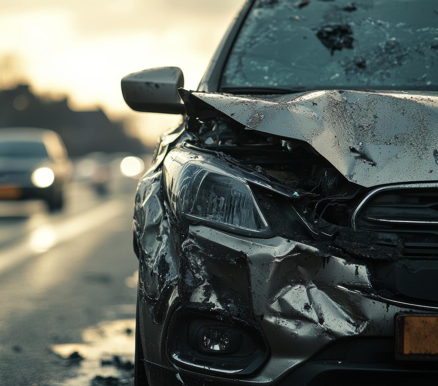 Beschadigde auto na een ongeval op een natte weg, relevant voor autoverzekering.