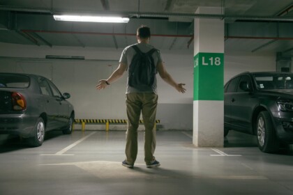 Een man in de parkeergarage, waarvan zijn auto is gestolen. Dit is passend bij toename autodiefstal 2025 en passende autoverzekeringen.